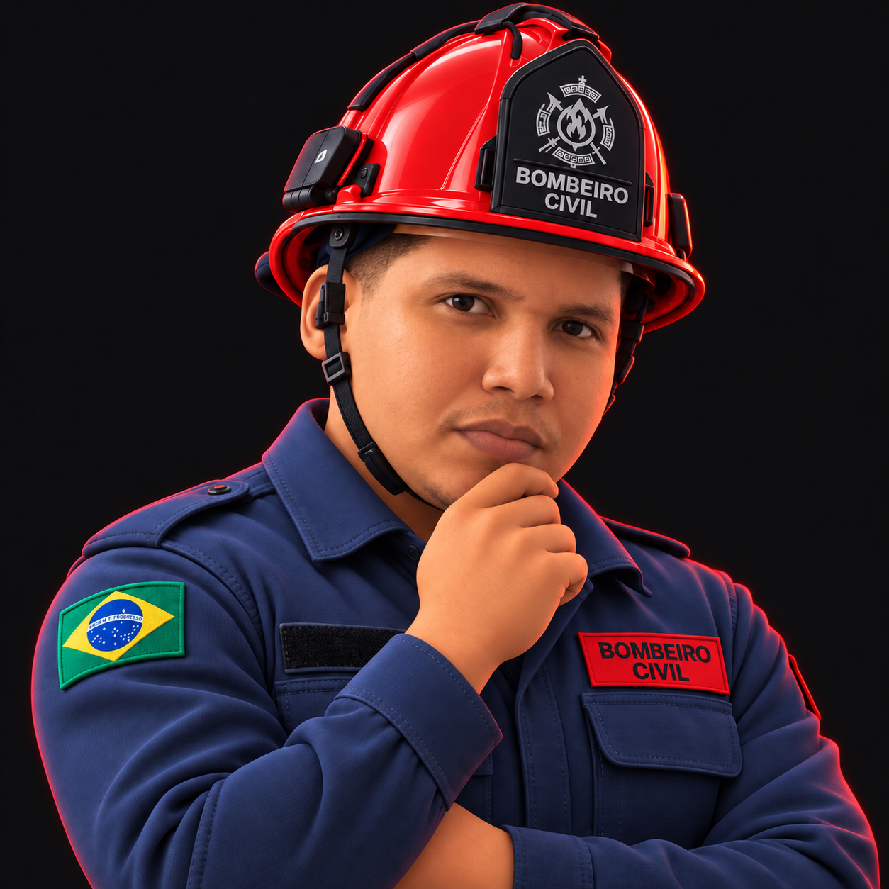 Ilustração 3D de Márcio Oliveira com uniforme de Bombeiro Civil e mão no queixo